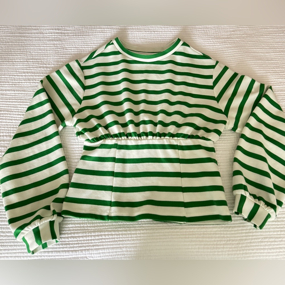 Maeve green stripe top w ruched back